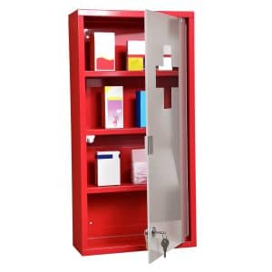 Medicinskab medicinskab med 3 niveauer førstehjælpsskab med lås apotekerskab med frostet glasdør stålrød 27 x 57 x 12 cm